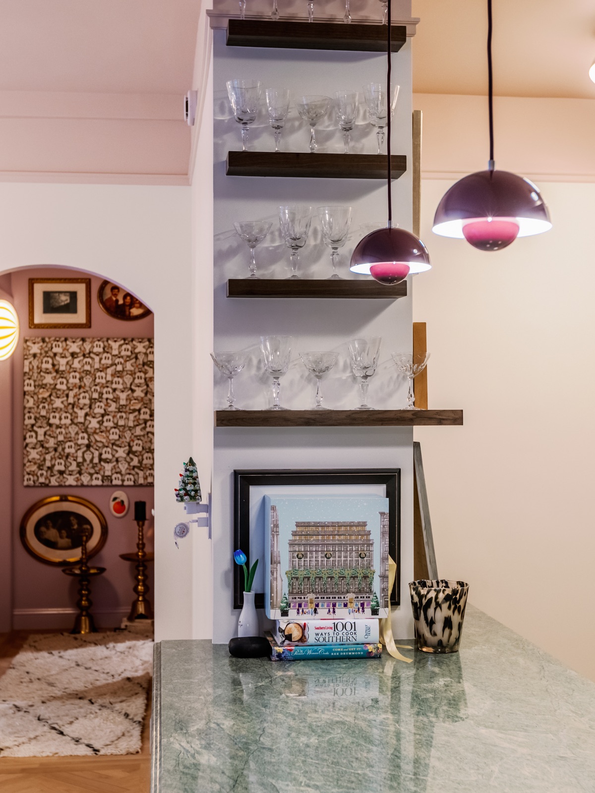 210 West 78th St full remodeling kitchen with marble counter, glass shelving, and pendant lighting