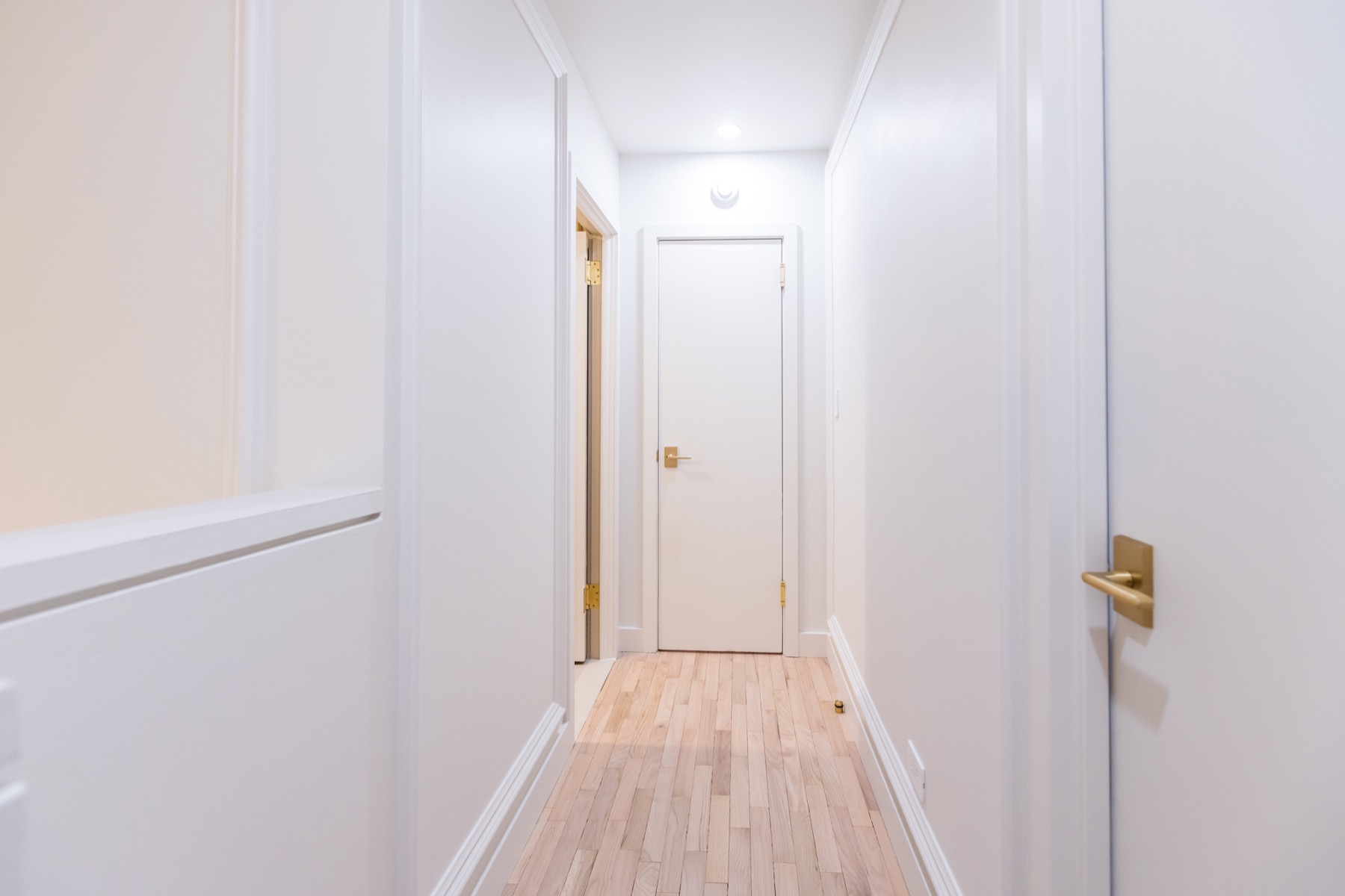 Completed full gut renovation hallway with white trim, light wood flooring, and brass door hardware by Build in NYC